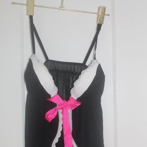 Baby Doll Black Lingerie with Whit Lace, Padded Bra, Pink Ribbon
